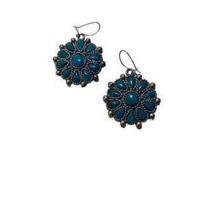 Signed Sancrest R Vintage 1950s Faux Turquoise Earrings Silvertone Pierced 1.75"